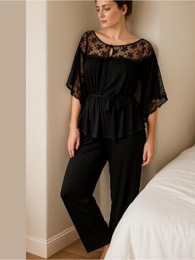 70s 2PC VAL MODE BLACK LOUNGEWEAR W LACE-DETAILS TOP & LONG PANT SLEEP SET SZ L